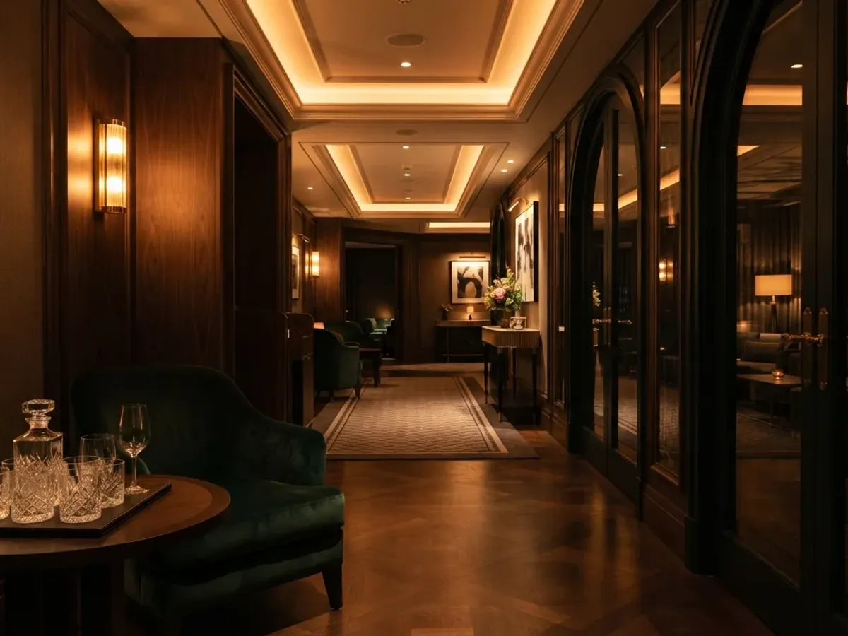 Modern interior corridor of private lounge with warm ambient lighting